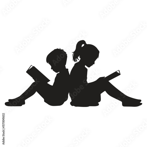 Two children silhouetted back to back reading books on a white background