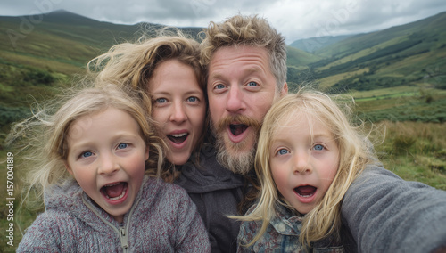 Aventura familiar y asombro ante la majestuosidad de la naturaleza.
Familia tomándose un selfi con caras de sorpresa frente a una cascada.