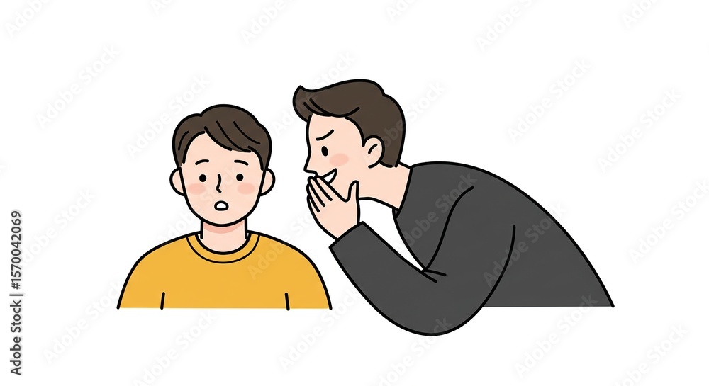 Fototapeta premium Whispering Secrets: Cartoon Illustration of Man Sharing Gossip, Revealing Confidential Information, or Spreading Rumors to a Surprised Listener.