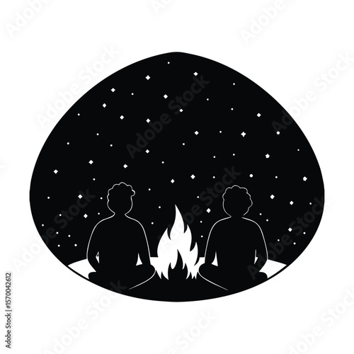 People sitting around campfire under starry night silhouette vector illustration