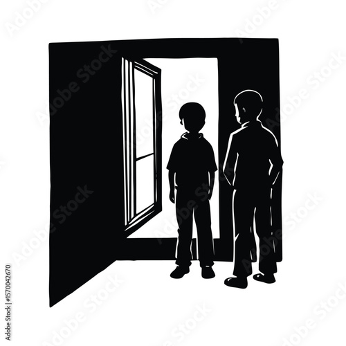 Silhouette of two boys standing in doorway looking out window