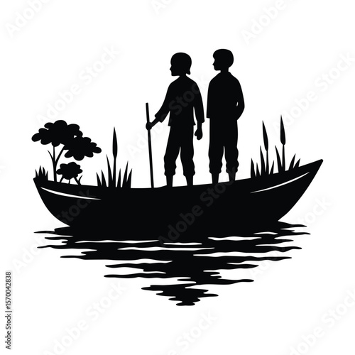 Silhouette of two boys in a boat on water