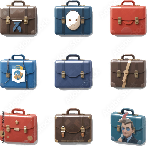 A collection of nine stylized briefcases in varying colors and designs arranged in a grid pattern