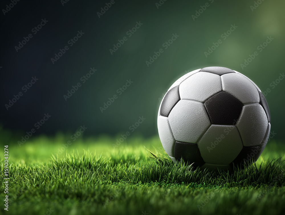 Fototapeta premium Soccer ball rotated on vibrantly lit grass with dark green background