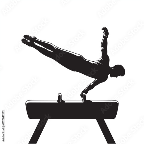 Gymnast performing a strength move on the pommel horse in silhouette