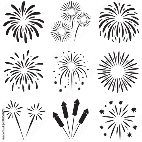 Collection of black silhouette fireworks and sparklers on white background