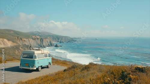 Coastal road trip; vintage van parked overlooking ocean waves and dramatic cliffs under a sunny sky