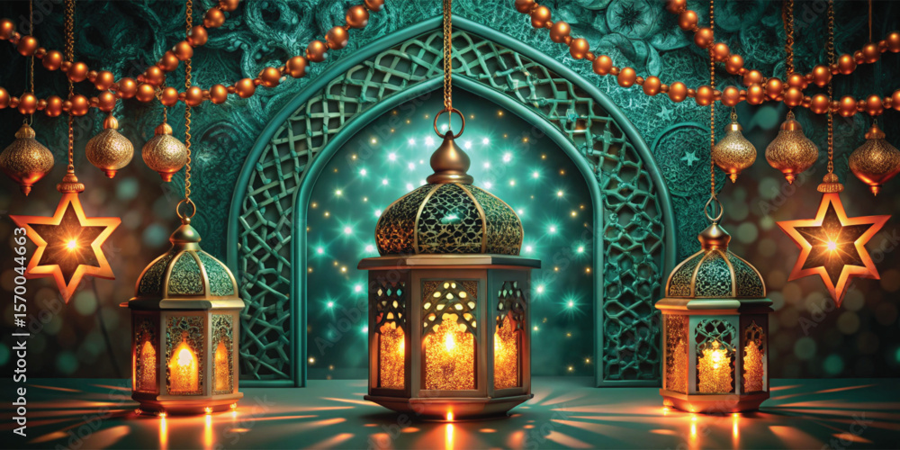 Obraz premium Vector illustration of a mosque with abstract background and city silhouette design