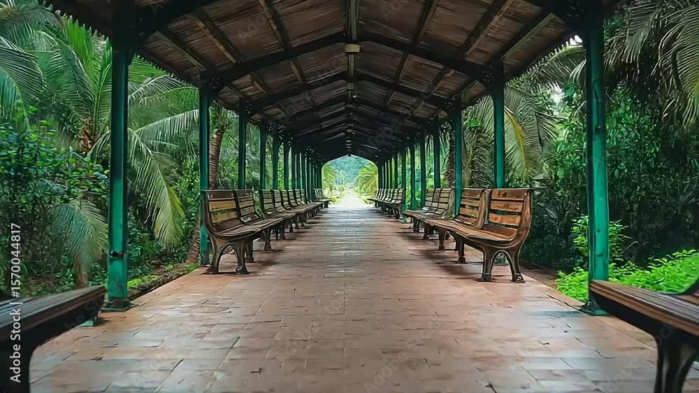 Wooden park benches under a covered walkway Wooden park benches under a covered walkway