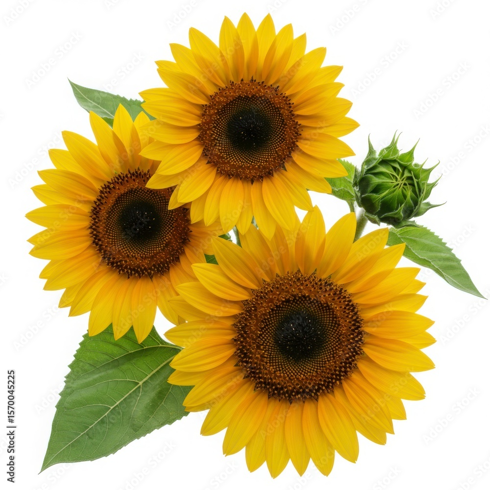 Fototapeta premium Three vibrant yellow sunflowers with green leaves and bud on white background