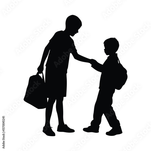 Silhouette brother, Two boys shaking hands with backpacks silhouette vector illustration