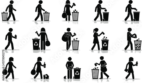 Silhouettes of people actively disposing of garbage and recycling waste, symbolizing environmental responsibility, cleanliness, and sustainable living, perfect for eco themes.