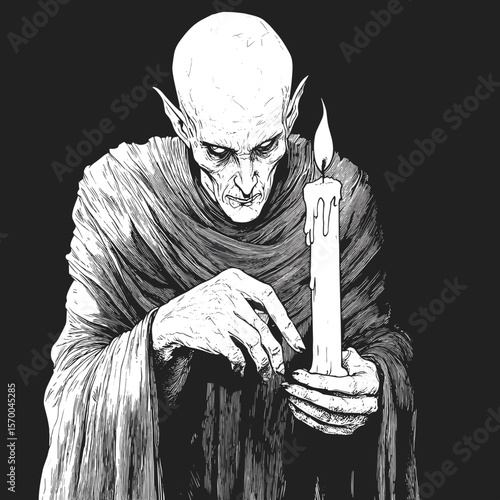 Old man holding a candle in a dark, mysterious atmosphere  