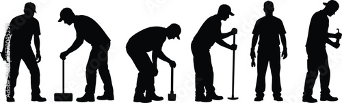 Silhouettes of male workers engaged in various manual labor tasks with tools, symbolizing hard work, construction, gardening, and blue-collar professions.