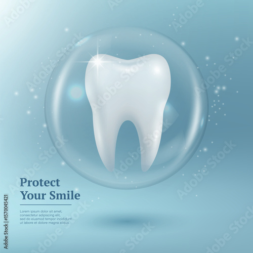 Protect Your Smile. Vector 3d Realistic Tooth in a Protective Bubble Isolated on a Blue Background. Design Template, Clipart, Mockup. Dentistry, Healthcare, Medical, Hygiene, Protection Concept