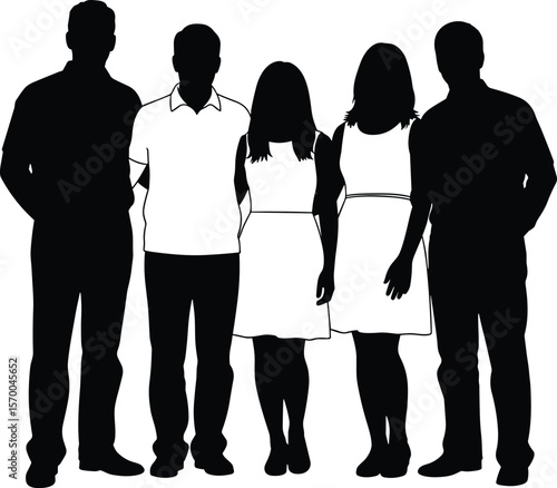 Silhouettes of a diverse group of people standing together, symbolizing community, teamwork, friendship, and human connection, perfect for social concepts.