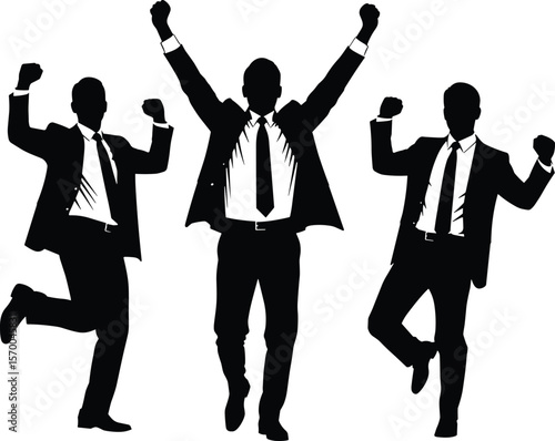 Silhouettes of enthusiastic businessmen cheering and jumping, symbolizing success, achievement, victory, and celebration in corporate or financial triumphs.