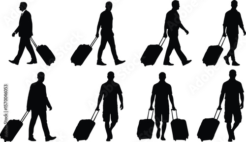 Silhouettes of diverse travelers pulling luggage, symbolizing airport transit, business trips, vacation journeys, and global mobility, isolated on white.