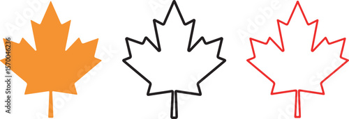 Three stylized maple leaf illustrations showcasing varied colors and outlines on a white background