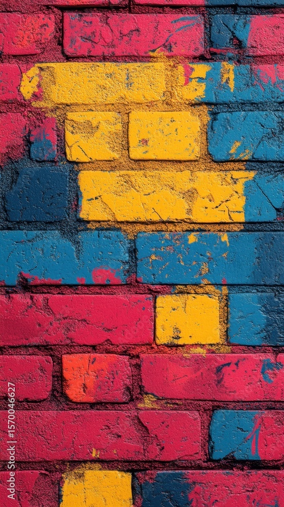 Fototapeta premium Brightly painted brick wall with a yellow and blue arrow painted on it