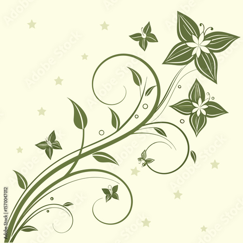 Elegant green floral swirls with butterflies and stars on cream background