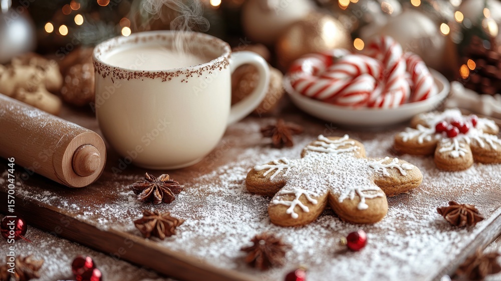 Fototapeta premium Cup of coffee and cookies on a table christmas background copy space