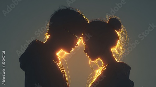 Silhouette of a couple facing each other with golden light outlining their profiles and hair