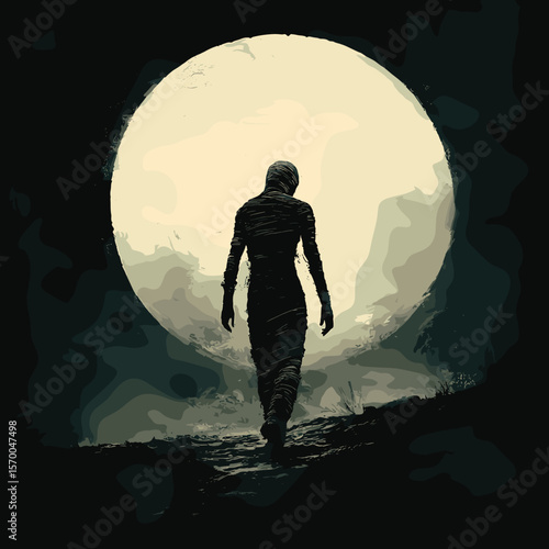 Silhouette of a person walking towards a full moon in darkness  