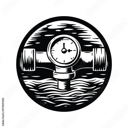 Round water meter with pipes and flowing water black and white