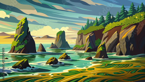 Bay of Fundy, New Brunswick – Surreal rock formations covered in seaweed appear and vanish with dramatic tides, offering a mysterious coastal scene.