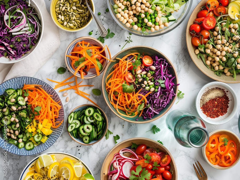 simple vegan lunch table, bowls of colorful salads simple vegan lunch table, bowls of colorful salads