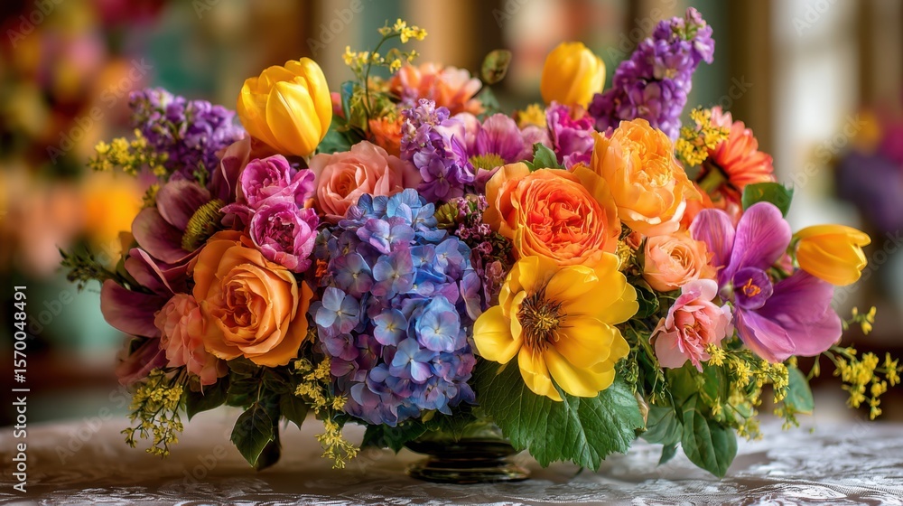 Obraz premium A colorful bouquet of flowers in a vase. The flowers are arranged in a way that creates a sense of harmony and balance. The colors of the flowers are bright and cheerful