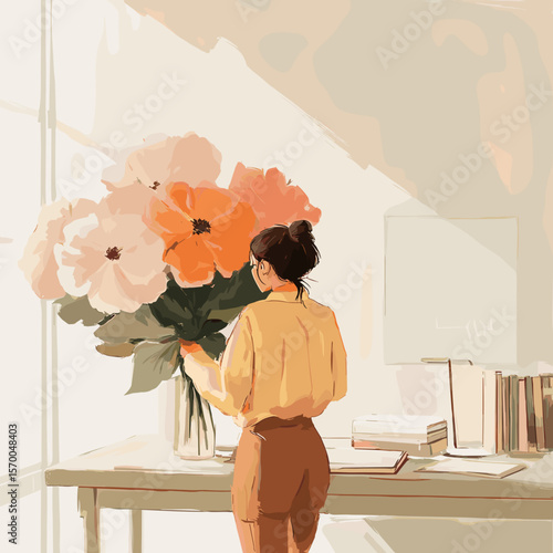 Woman arranging large flowers in a bright indoor setting  