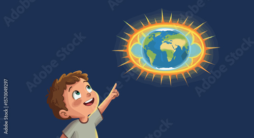 International Day for the Protection of the Ozone Layer represented by child pointing toward globe. Protection of the ozone layer by taking care of environment, planet, and atmosphere.
