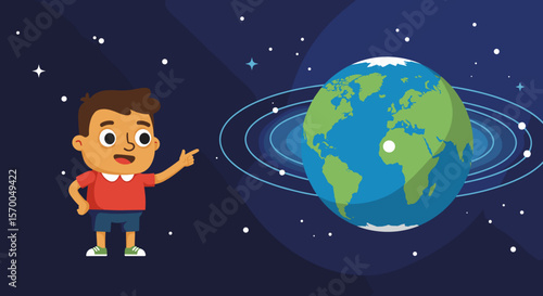 International Day for the Protection of the Ozone Layer illustration with child pointing at planet Earth and starry sky, showing ozone layer's importance.