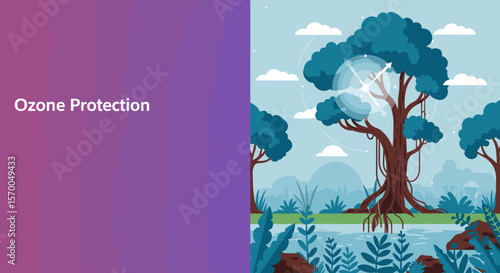 Illustrated ozone protection with green trees and blue sky background for International Day for the Protection of the Ozone Layer concept.