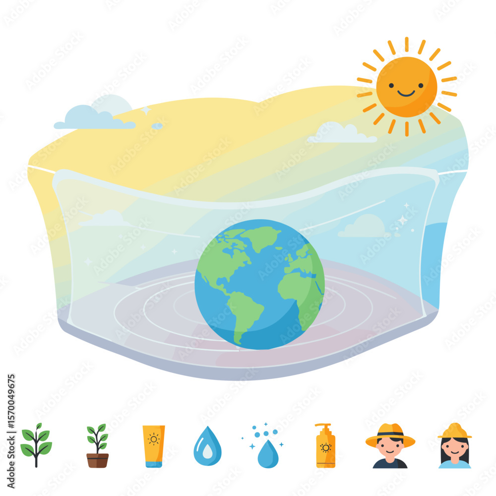 Naklejka premium International Day for the Protection of the Ozone Layer with Earth globe, shield layer, and sun in sky.