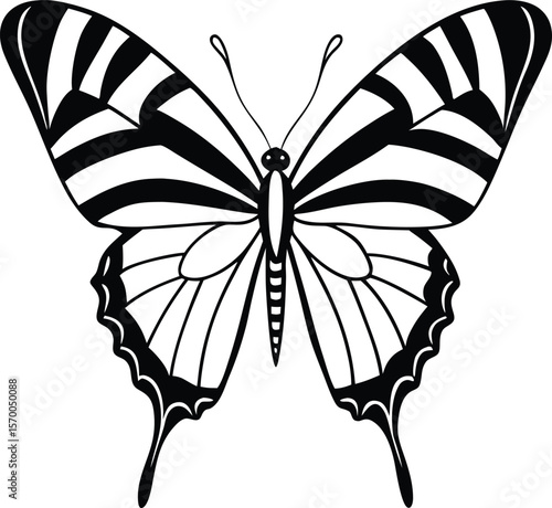 black and white zebra swallowtail butterfly outline vector illustration, 
zebra butterfly outline, striped butterfly line art, swallowtail vector sketch


