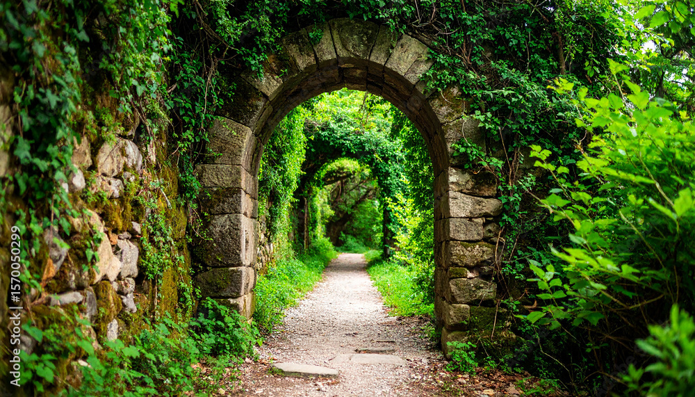 Obraz premium Old arch made of stone and covered with greens. Magical portal on abandoned garden path.