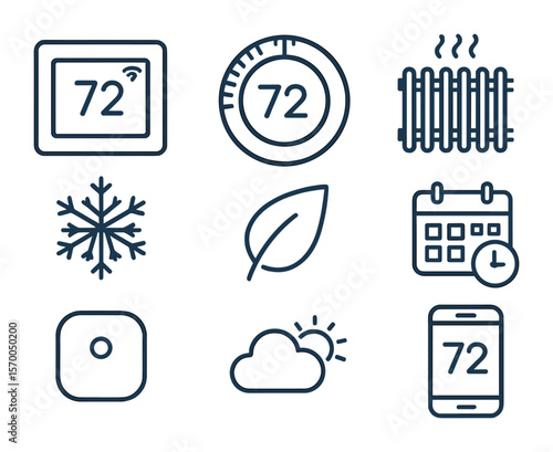 Smart Thermostat Icons. Flat icon set of smart thermostat systems: wall-mounted thermostat, temperature dial,