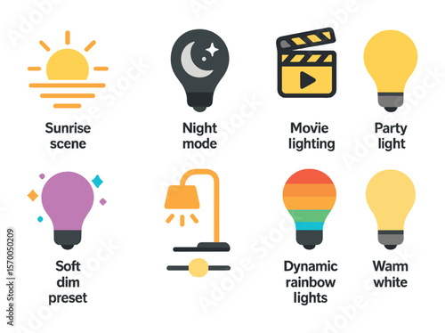 Smart Lighting Icon Set. Flat icon set of smart home lighting scenes: sunrise scene icon, night mode bulb,