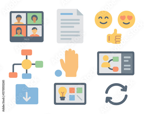 Remote Collaboration Icons. Flat icon set of remote team ideation: video call screen, shared Google doc, emoji