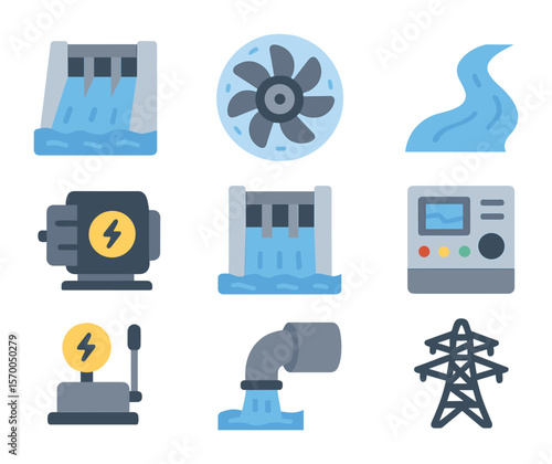 Hydropower Station Icons. Flat icon set of hydropower stations: dam icon, water turbine, river flow icon,