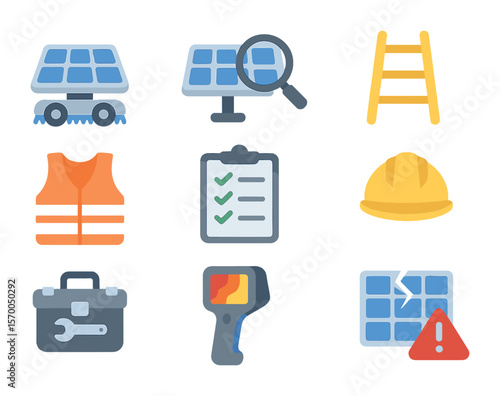 Solar Farm Maintenance Icons. Flat icon set of solar farm maintenance: cleaning robot, panel inspection tool,