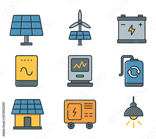 Off-Grid Energy Icons. Flat icon set of off-grid renewable farms: standalone solar panel, wind-solar hybrid