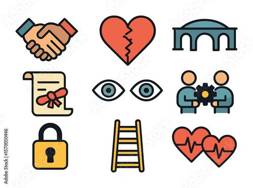 Rebuilding Trust Icons. Flat icon set of rebuilding trust and connection: intertwined hands, mended heart,