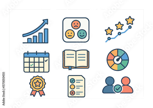 Therapy Progress Icons. Flat icon set of therapy progress tracking: rising graph, mood tracker, star