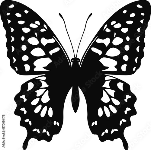 Solid black silhouette butterfly with spotted patterned wings vector

