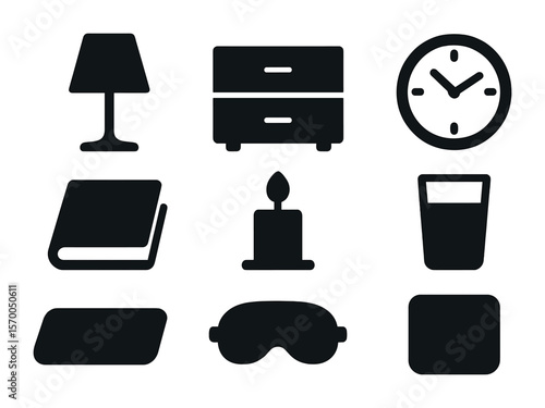 Minimalist Bedroom Icons. Solid, filled icons set of minimalist bedroom items: sleek lamp, plain drawer, round