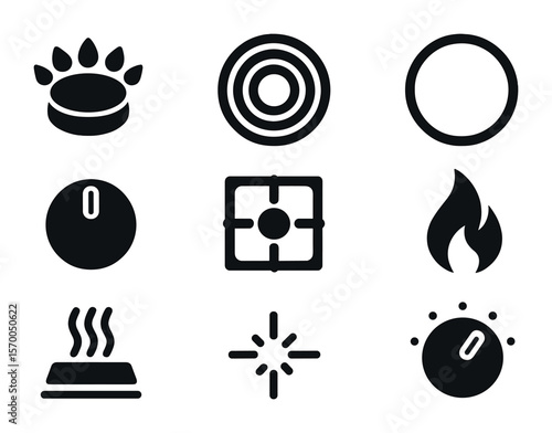 Stovetop Elements Icons. Solid, filled icons set of stovetop burner elements: gas burner, electric coil,